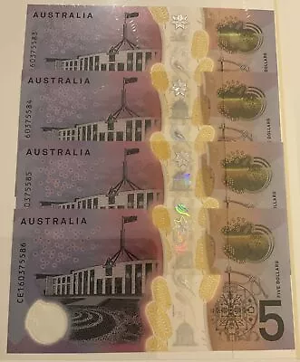 UNC 4x CONSECUTIVE $5  AUSTRALIAN POLYMER BANKNOTES STEVENS FRASER Free Post • $59.90