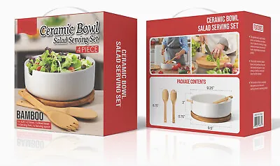 Salad Serving Set - Ceramic Bowl - Bamboo - 4pc Set • $14.95