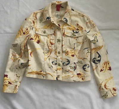 $24.95 • Buy V Cristina Women's Denim Jacket Ivory Yellow Blue~ Butterfly  Print ~ Size Large