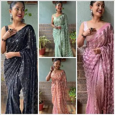 £27.99 • Buy Designer Georgette Silk Saree Lace Border Indian Wedding Sequin Party Wear Sari