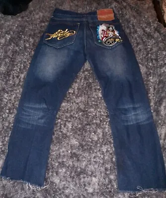 Ed Hardy Jeans Size 32x32 Pirate Skull Embroidered Distressed Y2k Dark Wash • $80.78