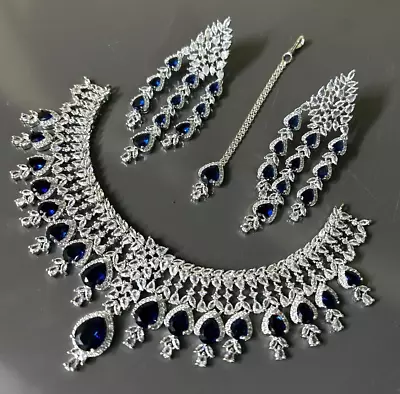 Designer Indian Bollywood Silver Plated White AD CZ Necklace Tika Jewelry Set • $40.04