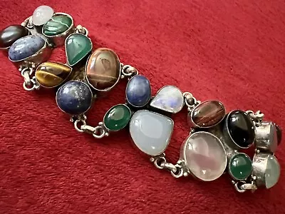 Huge Sterling Multi Semi Precious Stones Bracelet  Moonstonetiger Eyemalachite • $225