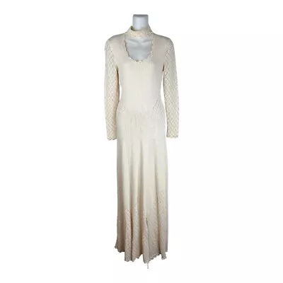 True Vintage 70s Boho Crochet Wedding Choker Mock Neck Dress Gown Sz 12 M Ivory • $52.96