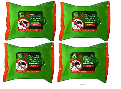 XPEL Mosquito & Insect Repellent Wipes Long Lasting Protection - 25 Wipes X 4 • £8.31