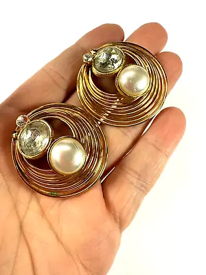 Vintage Earrings Clip On  Wire Hoop Simulated Pearl Rhinestone Evening Elegant • $18