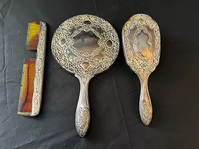 Vintage Silver Plated Rose Scroll Hand Mirror Brush And Comb Vanity Set Lot Of 3 • $30