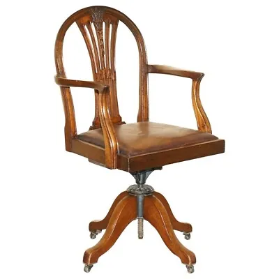 Unique Antique 1880 George Hepplewhite Wheatgrass Captains Chair Brown Leather • £3850