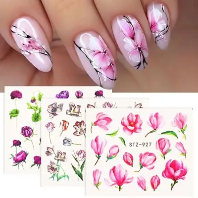 Pink Flower Nail Stickers Floral Sakura Daisy Rose Leaf Nail Decoration Stickers • $10.94