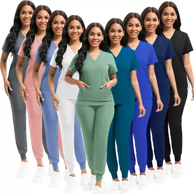 Stretch Medical Nurse Scrub Uniform Women Scrub Set V-Neck Top Jogger Pants • $18.97