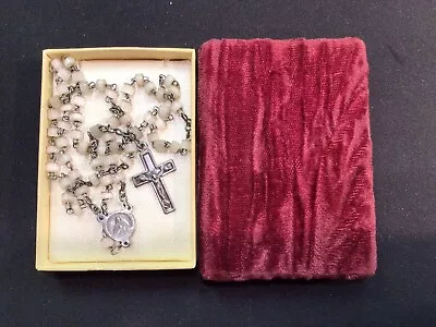 Vintage Mid Century Rosary Of White Beads Cross Jesus/Mary France With Cloth Box • $9.99