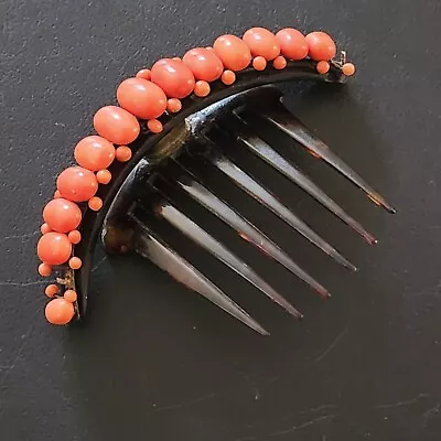 SALMON CORAL Antique Art Deco Hair Comb Barrette Hinged Pink Beads RARE! 133 • $28