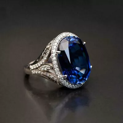 3.20CT Oval Lab Created Blue Sapphire Engagement Halo Ring 14K White Gold Plated • $84.49