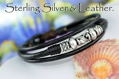 Sterling Silver & Hematite Leather Armband Wristband Men Bracelet 1B-186 • £21.66