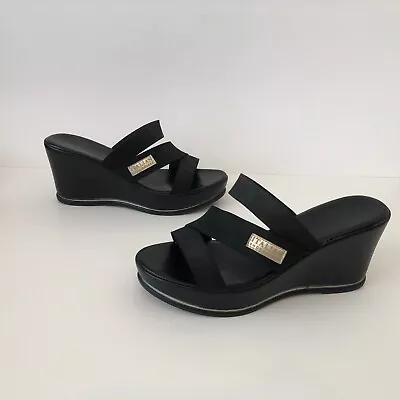 Italian Shoemakers Black Wedge Heel Slip-On Elastic Strap Sandals Women's Size 9 • £15.38