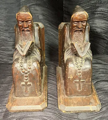 Vintage Wood Carved Friar Monks Rustic Bookends Religious Catholic Father • $50