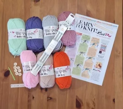Beginners Learn To Knit Kit Complete Knitting Instructions Yarns Needles Buttons • £12.99