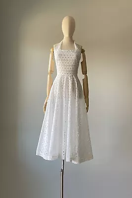Vintage 50s 1950s White Cotton Eyelet Lace Halter Wedding Bridal Dress XS • $157