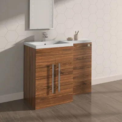 Designer LH Walnut 1100mm Bathroom L Shape Vanity Unit With Basin - No Toilet • £336.97