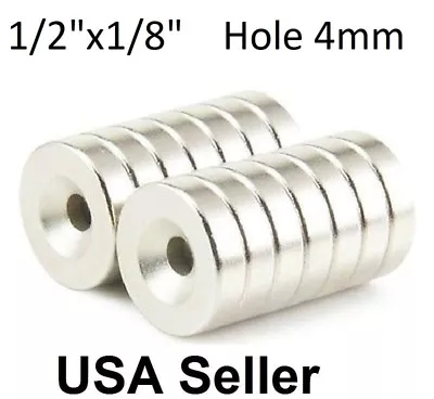 50 100 Strong Countersunk Ring Magnets 1/2  X 1/8  Hole 4mm Rare Earth Neodymium • $12.99