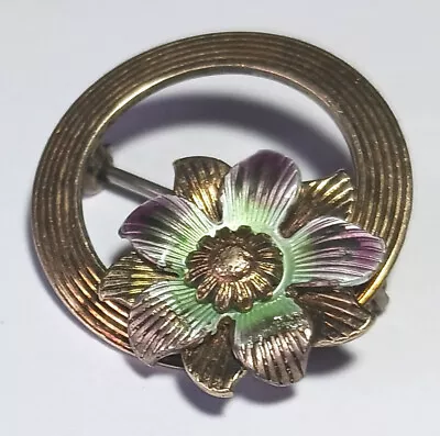 Vintage SYMMETALIC Gold-filled Sterling Silver Brooch Pin W/ Enamel Flower • $22.95