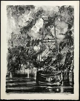 MID-CENTURY MODERN Lithograph ~ INDUSTRIAL CHICAGO ~  1960s Signed LISTED ARTIST • $165