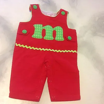 New MudPie Red Corduroy Initial Letter M Overalls Longall Christmas 0-6 M Boy  • $13