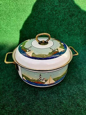 Vtg Enameled Stock Pot 2qt Warren Kimble Coastal Breeze Brass Handles W/Lid  • $29.99