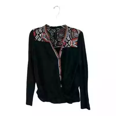 Miss Me Embroidered Boho Top Sz M Black Surplus Faux Wrap Front Long Sleeve • $9.94