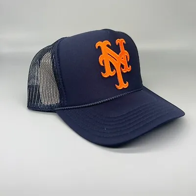 New York Mets Navy Blue Hat 5 Panel High Crown Trucker Snapback Vintage Cap • $25.95