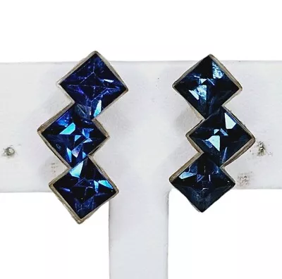 Vintage Sapphire Blue Rhinestone Sterling Screwback Earrings 1950 Uranium Glow • $17.99