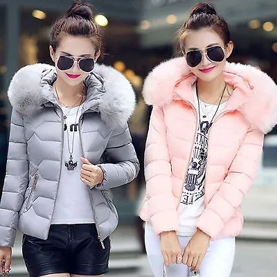 Womens Quilted Padded Down Cotton Parka Lady Short Fur Collar Hooded Coat Jacket • £23.99