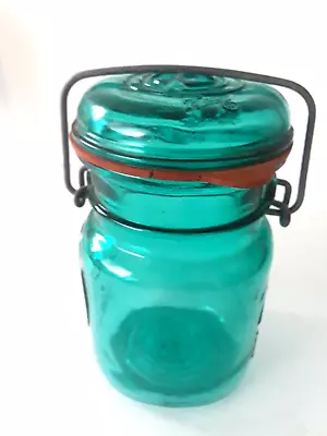 Vintage Ball  Aqua Blue Mason Pint Jar With Glass Lid Bail Arm Closure • $12.99