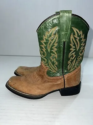 Old West Boots Kids 2443 110 Green Brown Cowboy Distressed SEE MEASUREMENTS • $16.96