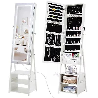 Jewelry Cabinet Mirror LED Light Armoire Freestanding Lockable Organizer Storage • $139.49