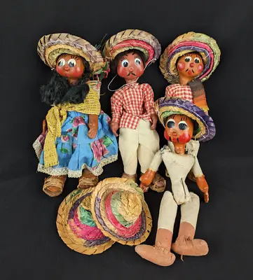 Vintage Tourist Mexican Dolls 1960s Lot Of 4 Oil Cloth Dolls Folk Dress Souvenir • $24.99