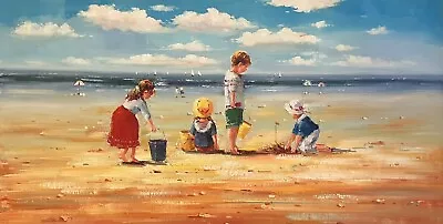 Children Playing On The Beach Original Oil Painting By N. Knox 120 X 60 Cm • $269.99