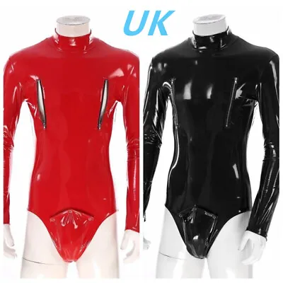 UK Men's Wet Look Patent Leather Bodysuit Jumpsuit Long Sleeve Zipper Catsuits   • £25.89
