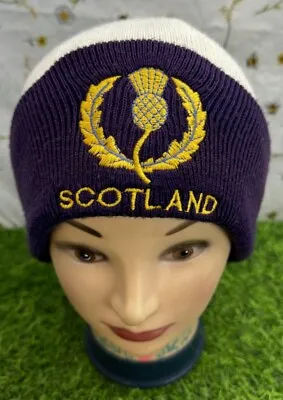 Vintage Scotland Beanie Embroidered Thistle Purple Cream One Size Made Britain • £31.99