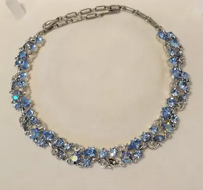 Vintage Signed Lisner Blue Aurora Borealis Rhinestone SilverTone Necklace Choker • $25