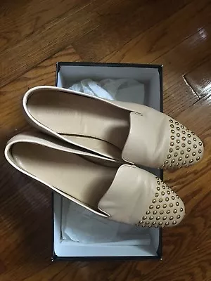 J Crew Darby Studded Gold Beige Loafers Leather Flats Shoes 8m W/ Box • $12.99