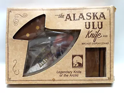 Vintage Alaska Ulu Knife Stainless Steel Walnut Display Stand W/Bear Design NIB • $15