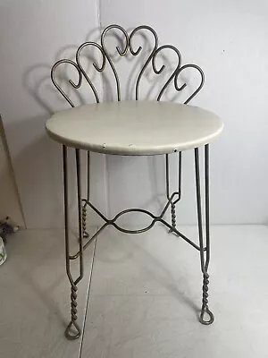 Vtg Vanity Chair Stool MCM Brass Metal Gold Tone W/White Seat • $52.49