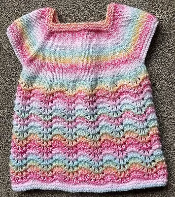 Hand Knitted Short Sleeved  Dress Age 0-3 Months Multicoloured. • £12.50