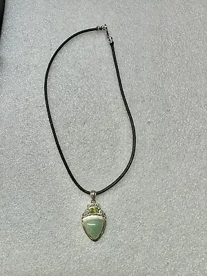 Green Chalcedony Sterling Silver Pendant VTG On Leather Necklace W .925 Clasp  • $29