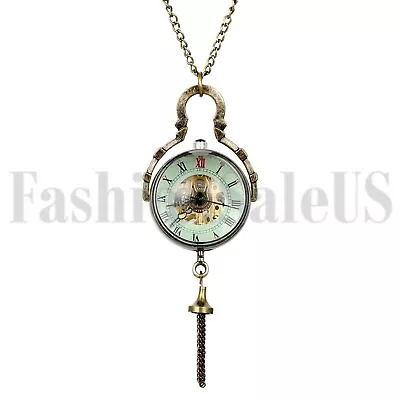 Vintage Hand Winding Mechanical Steampunk Skeleton Pocket Watch Necklace Chain • $17.09