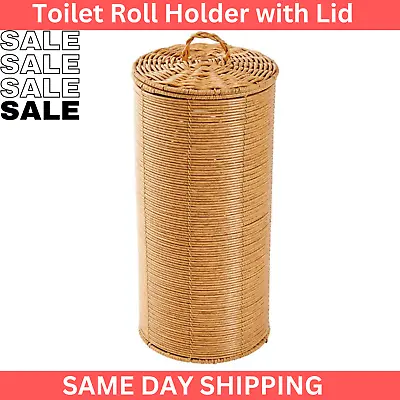 $19.97 • Buy Toilet Roll Holder With Lid Rattan Look Tissue Paper Spare Stand Storage