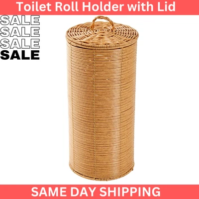 $19.97 • Buy Toilet Roll Holder With Lid Rattan Look Tissue Paper Spare Stand Storage