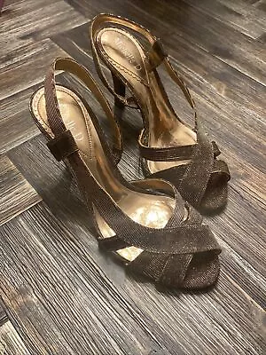 Michelle D Bronze Glitter Strappy Pumps Size 6.5 Sparkly Evening Heels EUC • $12.99