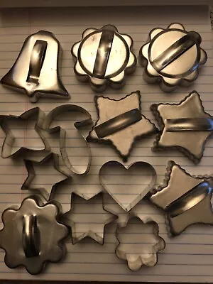 Vintage Lot 10 Aluminum Cookie Cutters With Handle Stars Bell Heart   • $1.99